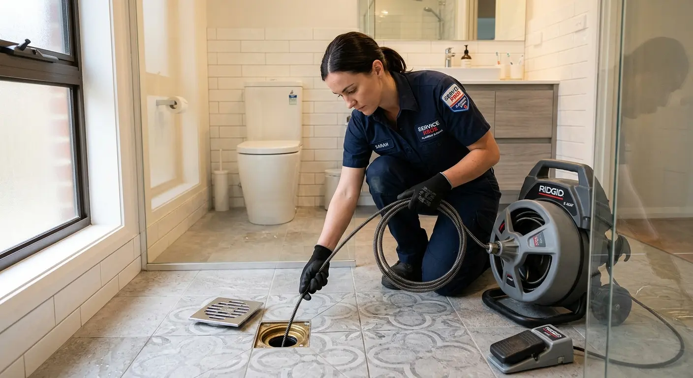 Technician clearing a bathroom floor drain for Drain Cleaning in Evans